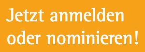 Grafik in Orange mit weißem Text: 'Jetzt anmelden oder nominieren!'